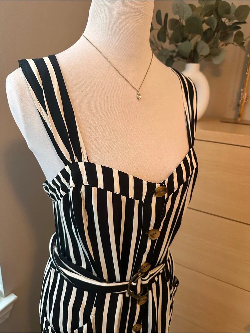Free People Black and White Striped Sleeveless Jumpsuit with Waist Tie